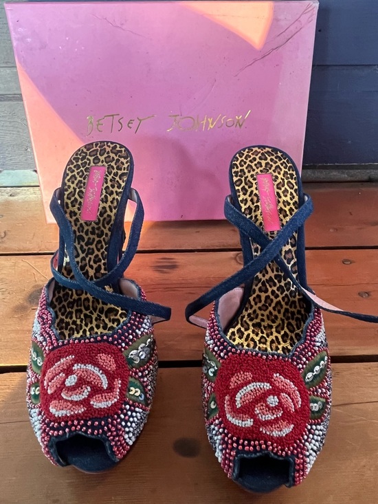 Betsey Johnson Shoes - Vtg Y2K Betsey Johnson “Alice” Denim Floral Beaded Platform Heel
Sandals Size 9